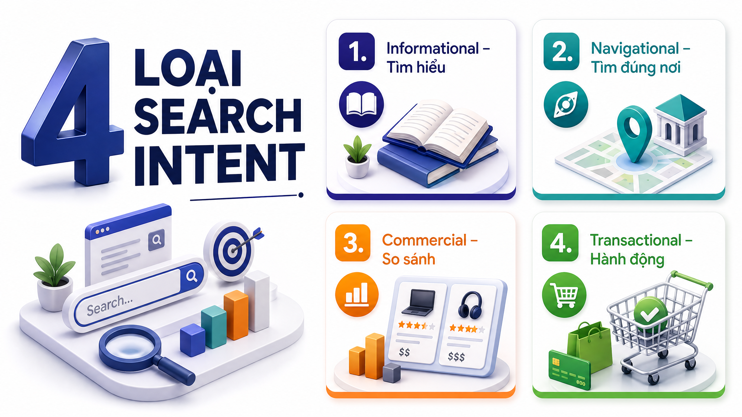 4 loại Search Intent phổ biến Bốn loại Search Intent gồm Informational Navigational Commercial và Transactional