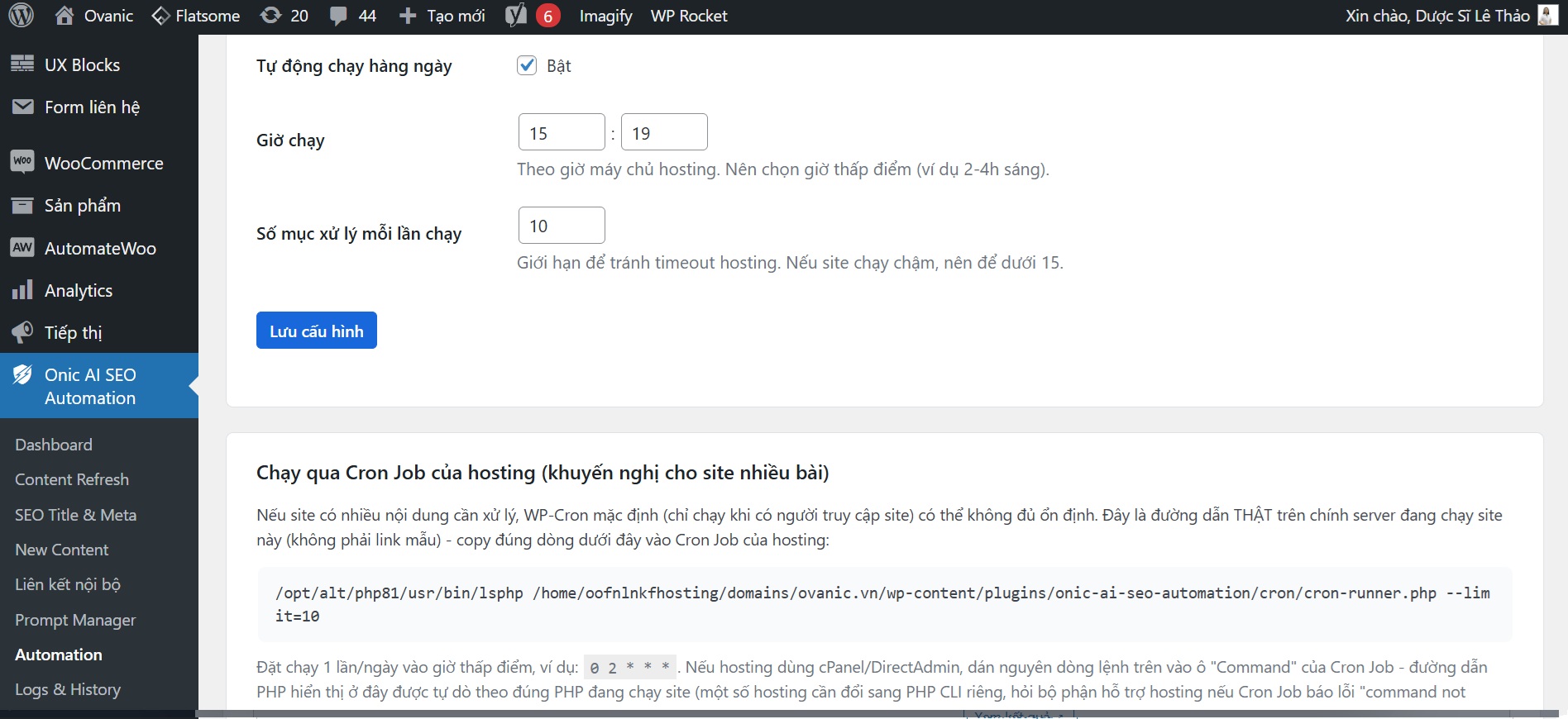Automation Cron — Giao diện thực tế Cấu hình Automation Cron chạy tự động