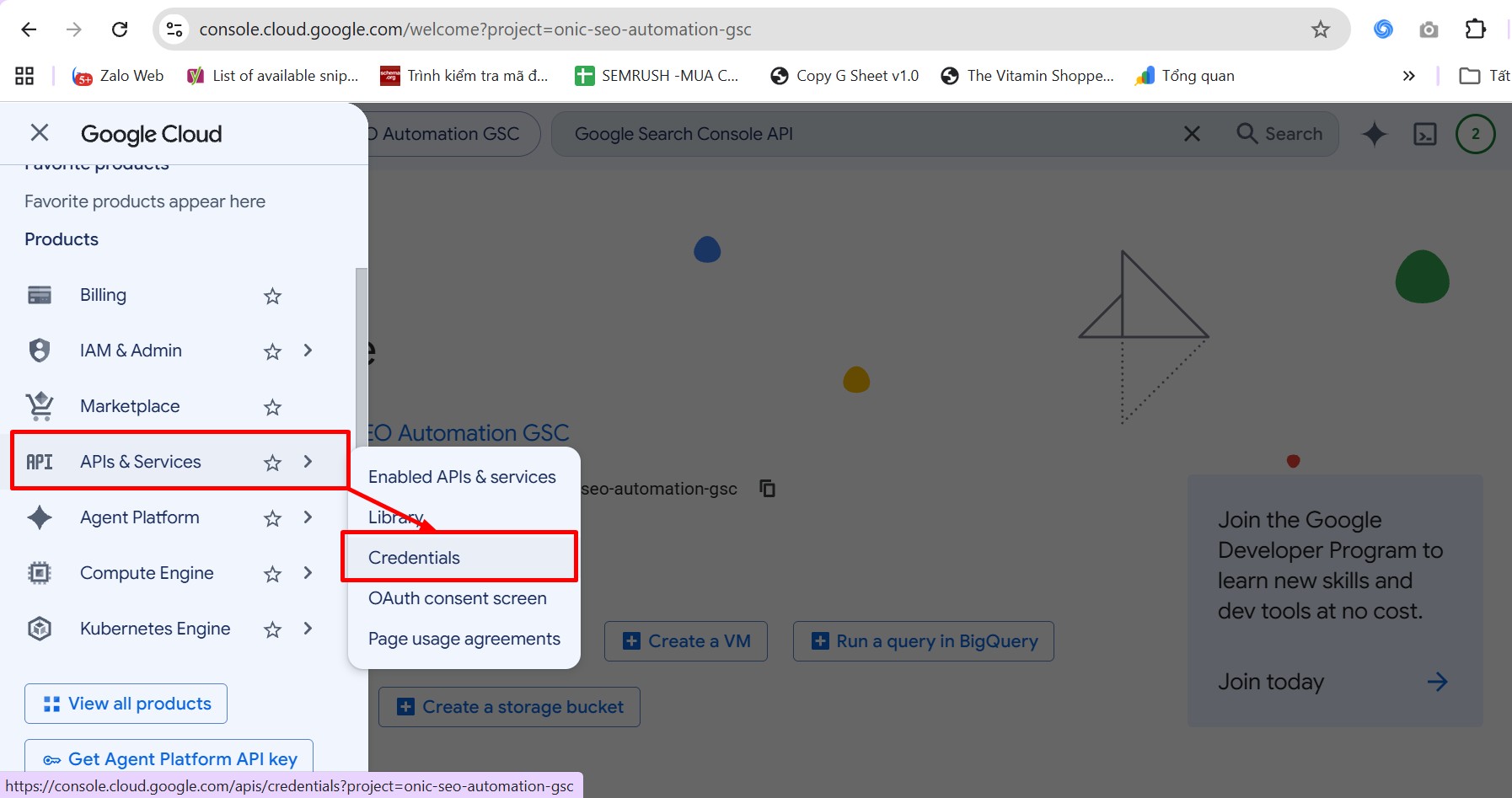 Mở Credentials trong Google Cloud Console Mở mục Credentials trong Google Cloud Console để tạo OAuth Client