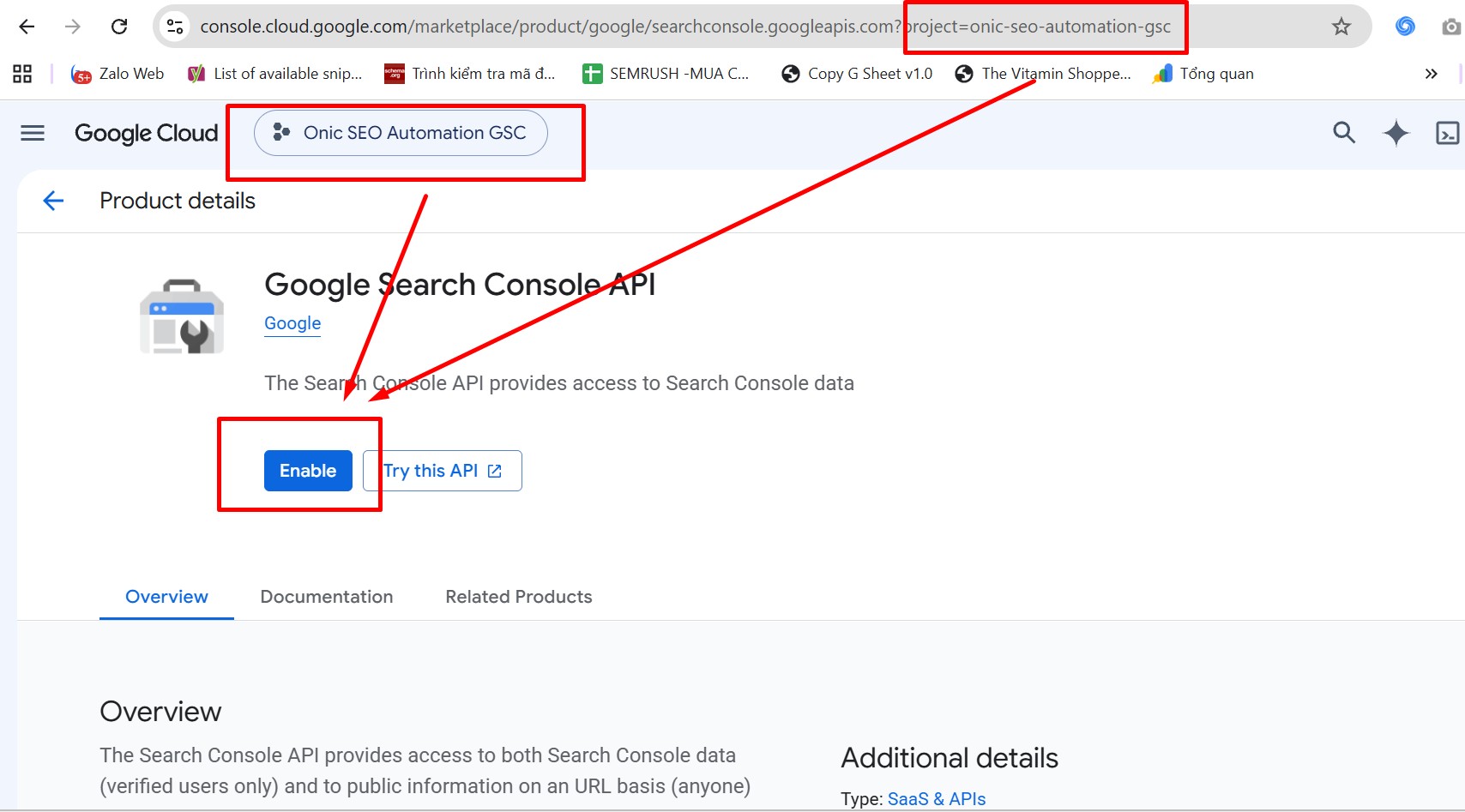 Bật Google Search Console API Bật Google Search Console API trong Google Cloud Console