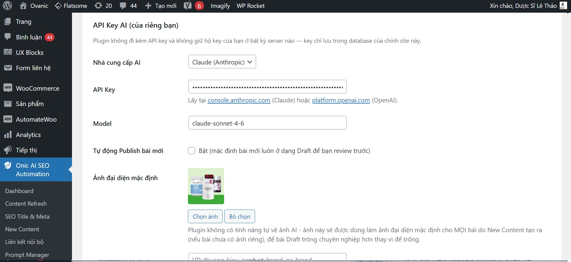 Cấu hình API Key AI trong Onic AI SEO Automation – BYOK với Claude hoặc OpenAI Giao diện cấu hình API Key trong Onic AI SEO Automation – nhập key Claude hoặc OpenAI theo mô hình BYOK