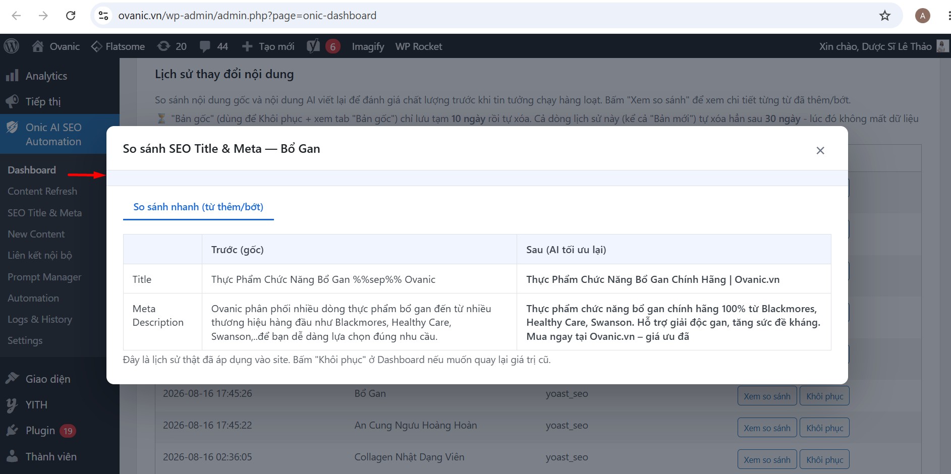Chi tiết so sánh kết quả tối ưu SEO Title và Meta Chi tiết so sánh kết quả tối ưu SEO Title và Meta tại Dashboard Onic AI