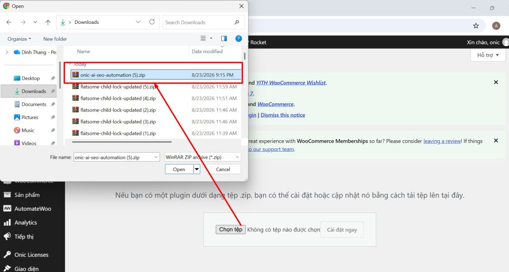 Chọn file onic-ai-seo-automation.zip vừa tải về