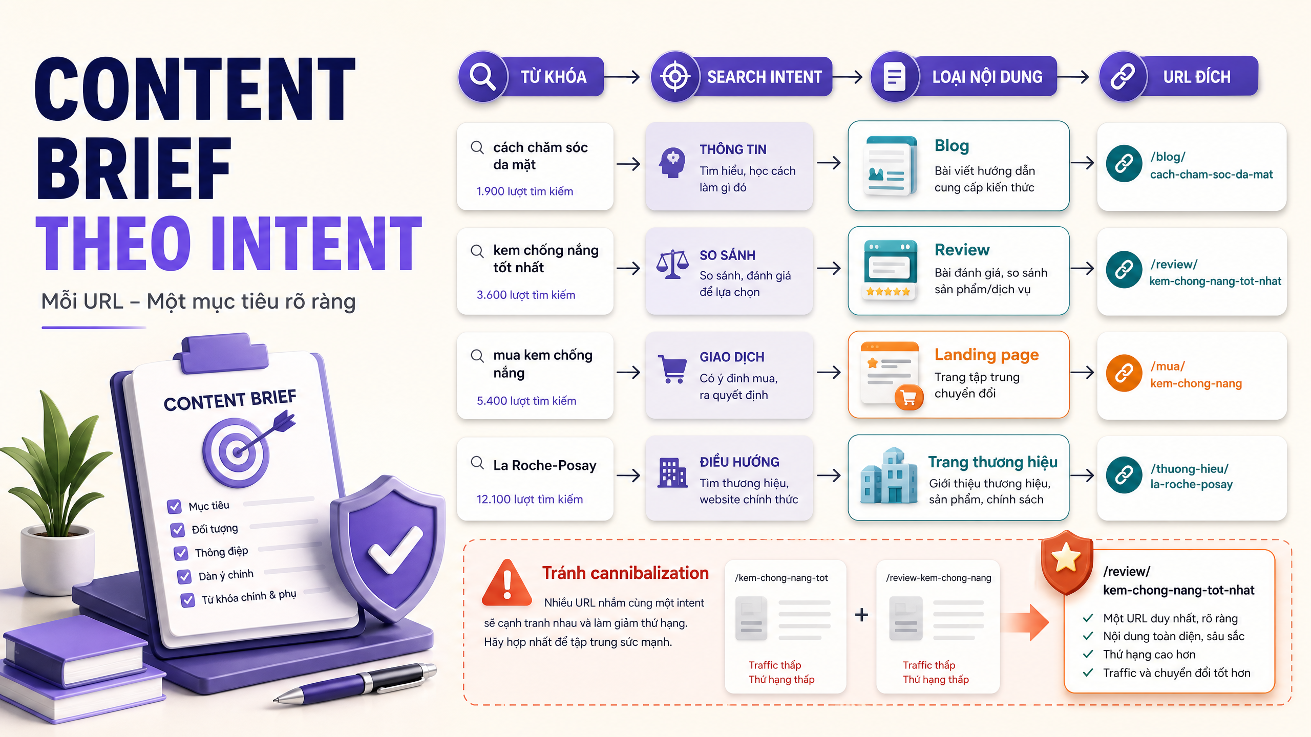 Content Brief theo Search Intent Content brief theo Search Intent giúp phân loại blog review landing page và trang thương hiệu