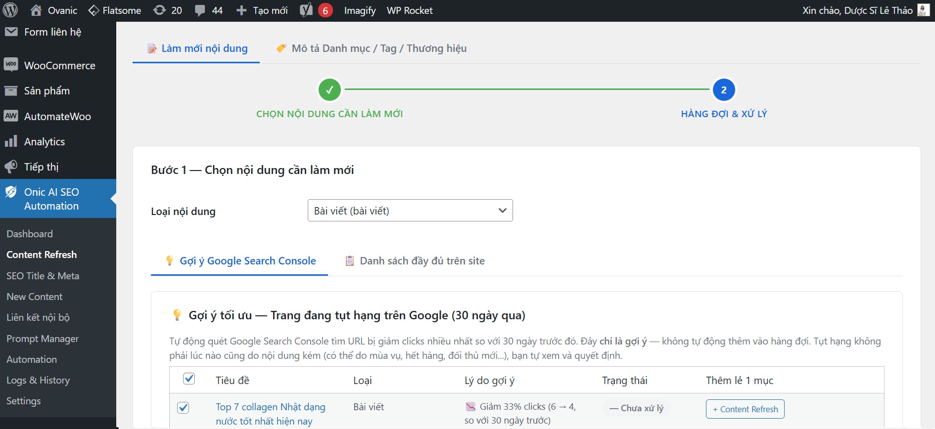 Content Refresh — Giao diện thực tế Giao diện Content Refresh tối ưu bài viết cũ