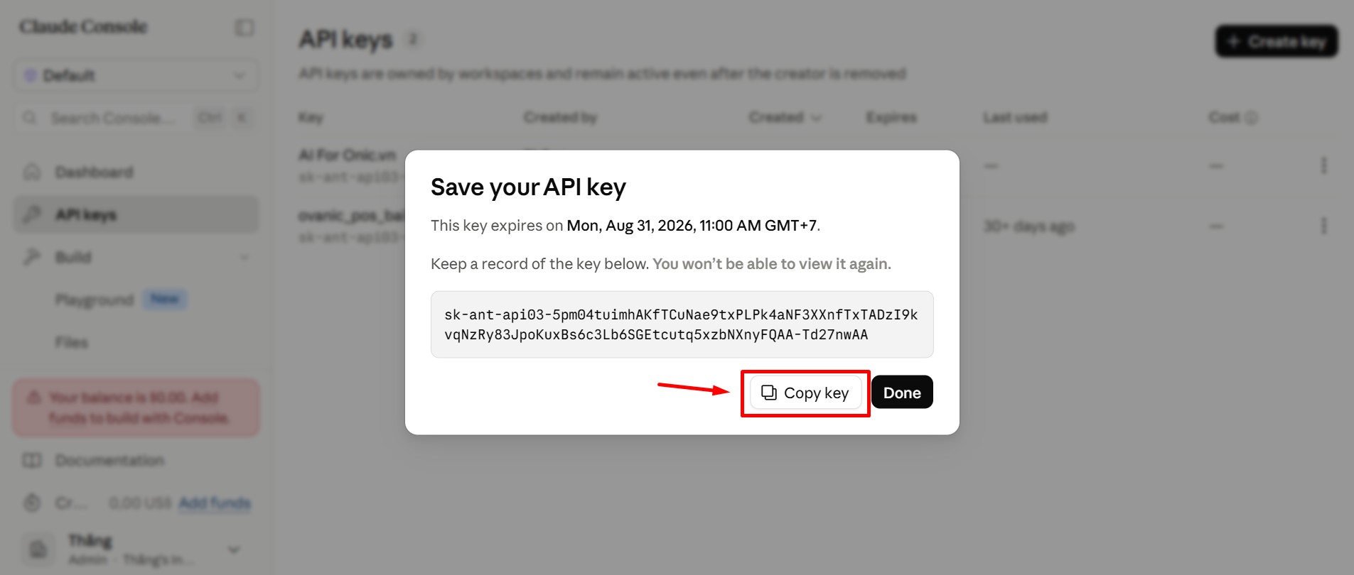 Sao chép API Key Claude — Bước 3 Sao chép API Key Claude sau khi tạo thành công — bước 3