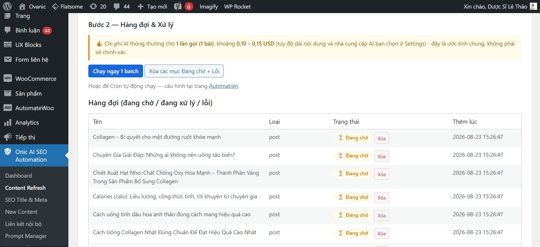 Hàng đợi Content Refresh — Giao diện thực tế Đưa bài viết vào hàng đợi Content Refresh