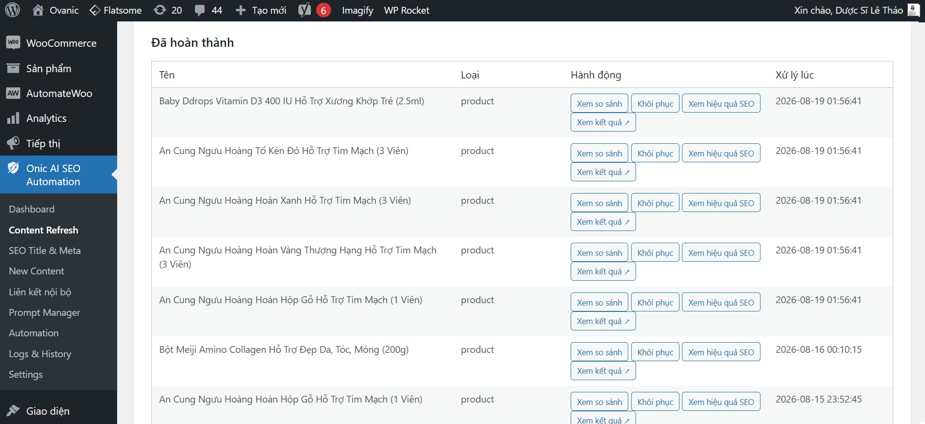 Kết quả Content Refresh — Giao diện thực tế Kết quả hoàn thành Content Refresh