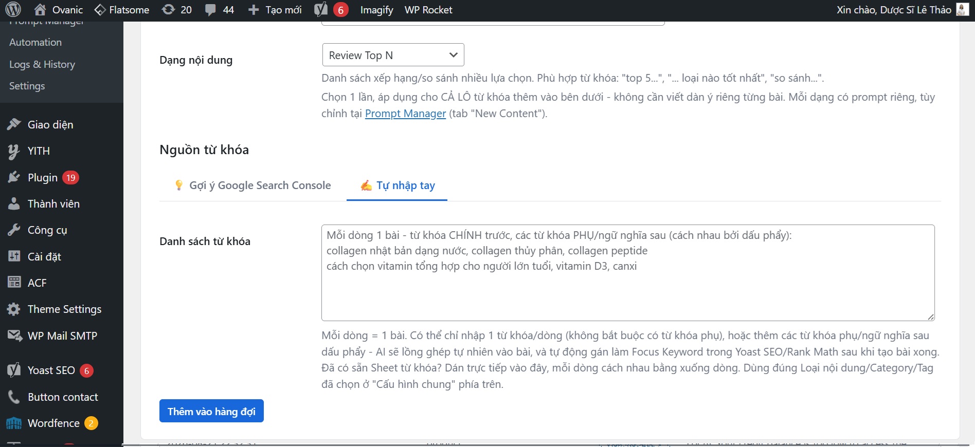 New Content — Giao diện thực tế Tạo nội dung mới theo danh sách từ khóa