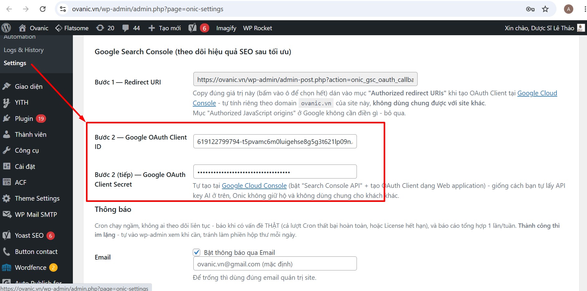 Nhập OAuth Client ID và Client Secret vào Settings Onic Nhập Google OAuth Client ID và Client Secret vào Settings Onic AI SEO Automation