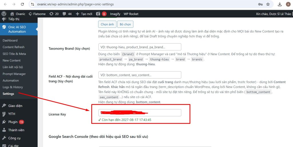 Nhập License Key cho Onic AI SEO Automation để kích hoạt tính năng