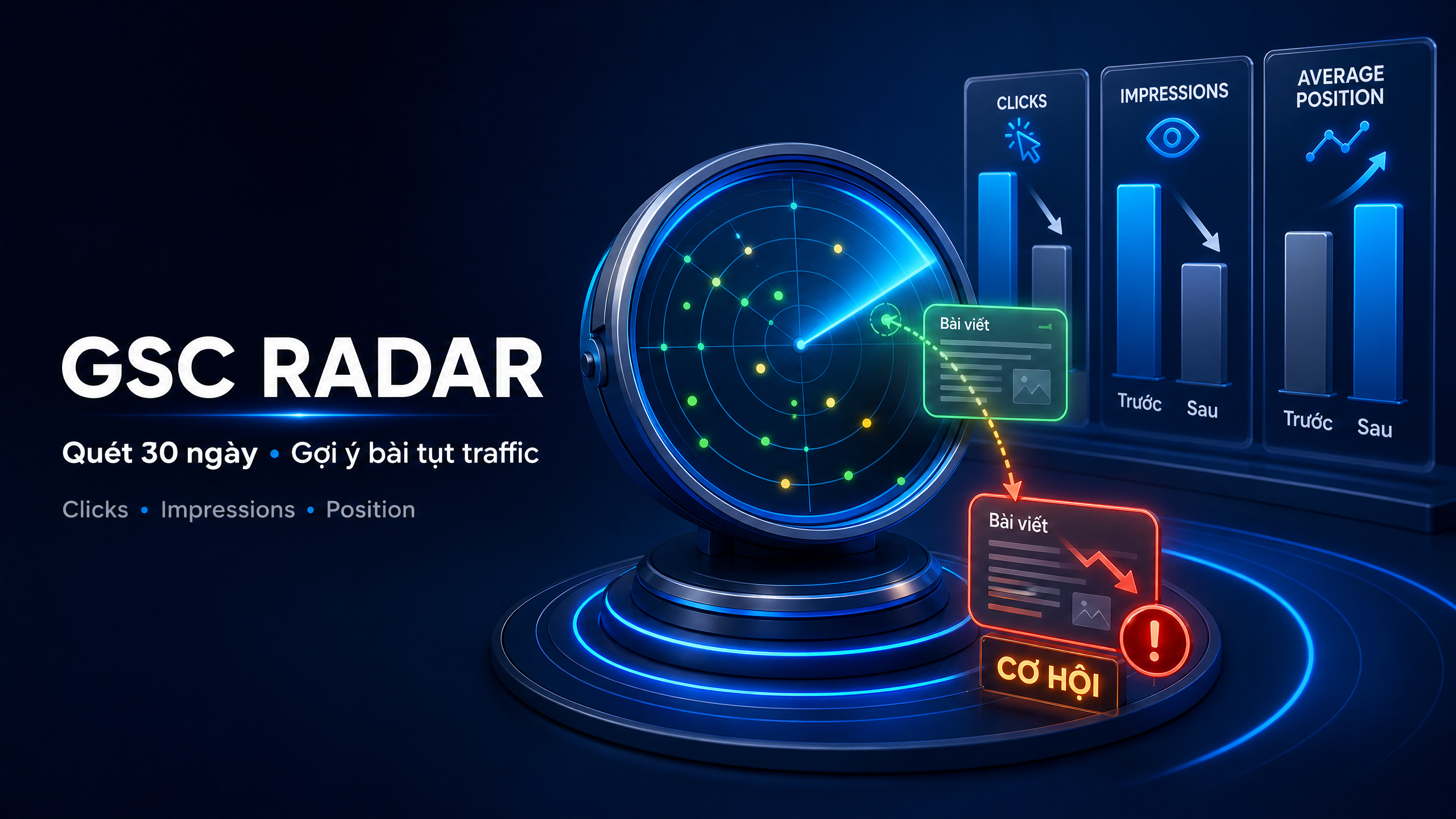 Tổng quan tính năng GSC Radar trong hệ sinh thái Onic AI SEO Automation Tổng quan GSC Radar - quét 30 ngày, phát hiện bài tụt traffic, gợi ý tối ưu clicks impressions position