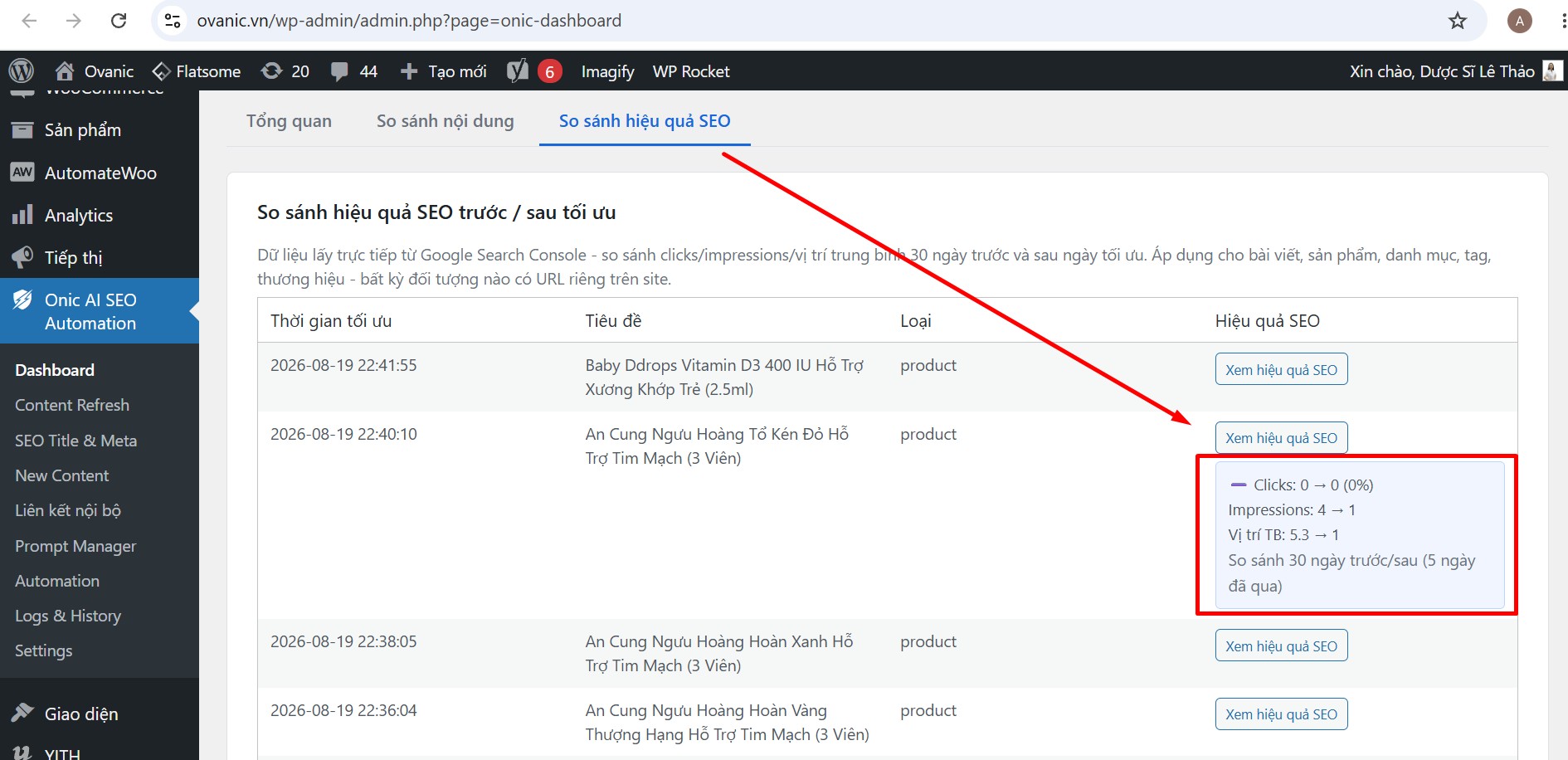 So sánh hiệu quả SEO sau khi tối ưu SEO Title và Meta So sánh hiệu quả SEO sau khi tối ưu SEO Title và Meta tại Dashboard Onic AI