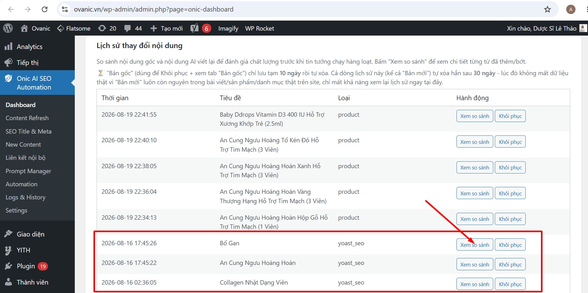 So sánh kết quả tối ưu SEO Title và Meta tại Dashboard So sánh kết quả tối ưu SEO Title và Meta tại Dashboard Onic AI
