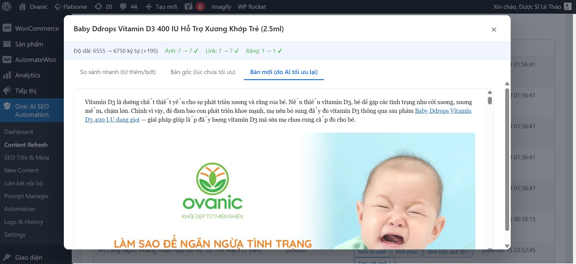 So sánh kết quả Content Refresh — ONIC AI SEO Automation So sánh kết quả trước và sau khi AI tối ưu Content Refresh