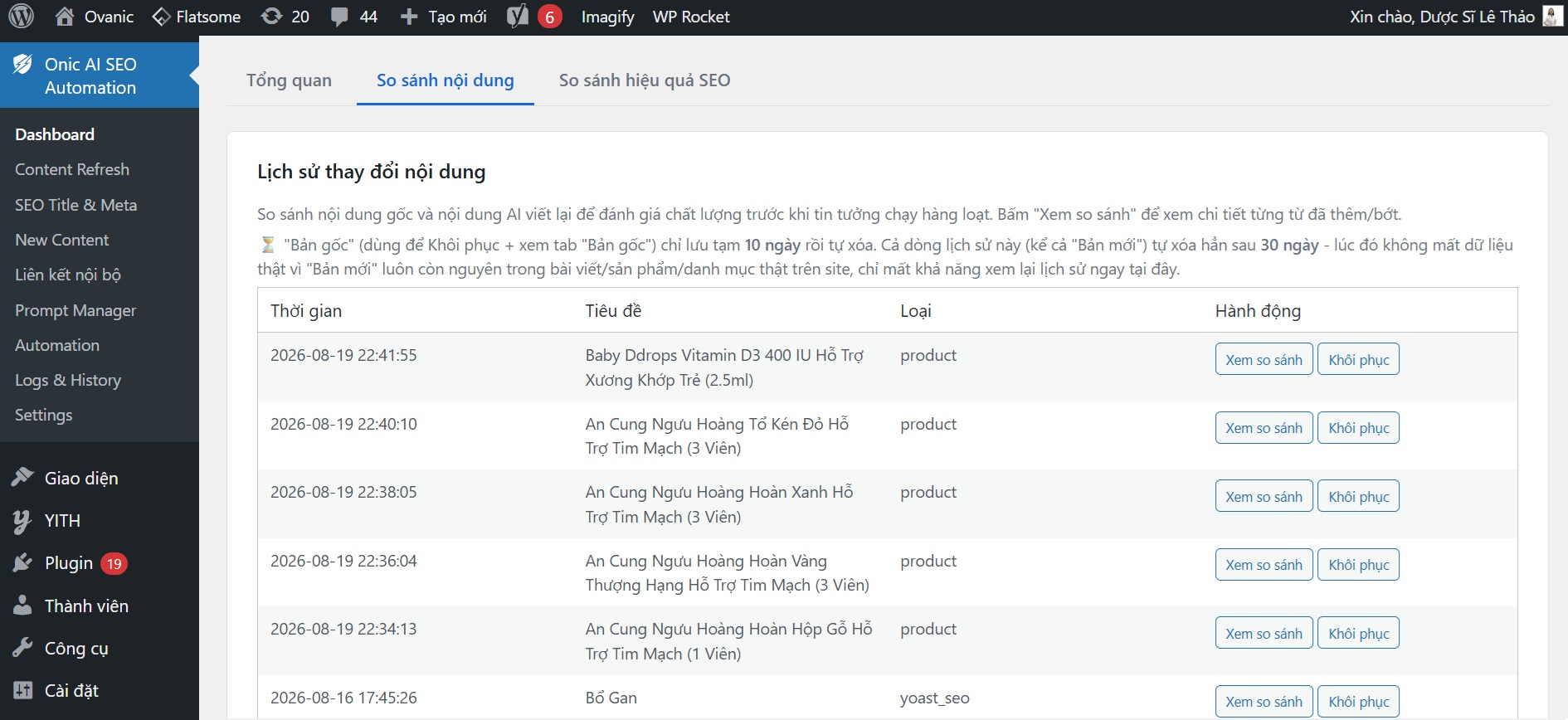So sánh nội dung — ONIC AI SEO Automation So sánh nội dung trước và sau khi tối ưu