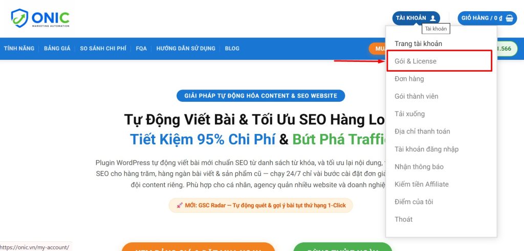 Tải plugin Onic AI SEO Automation tại trang tài khoản của tôi