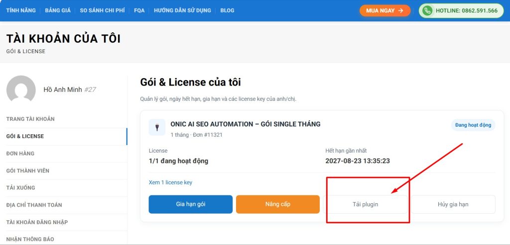 Bấm vào Downloads để tải plugin Onic AI SEO Automation tại Gói & License