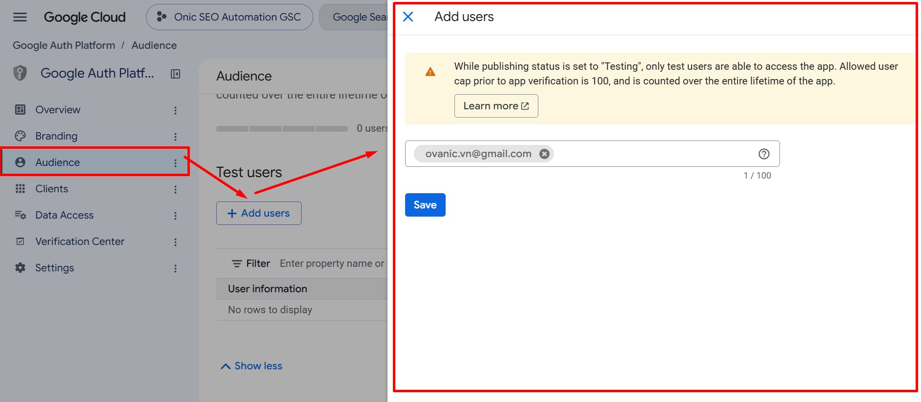 Thêm Test User trong OAuth consent screen Thêm email vào danh sách Test Users trong OAuth consent screen của Google