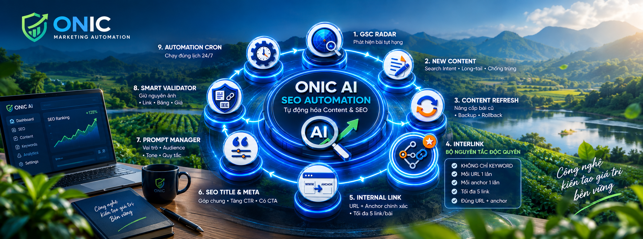 Hệ sinh thái Onic AI SEO Automation — tự động hóa Content & SEO cho WordPress & WooCommerce Minh họa hệ sinh thái Onic.vn — tự động hóa Content và SEO cho WordPress WooCommerce