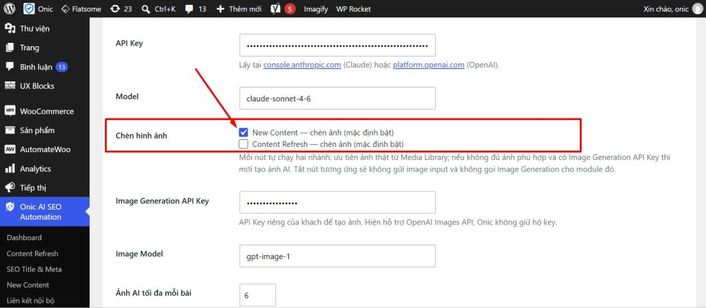 Bật chèn hình ảnh từ thư viện trong Onic AI SEO Automation Màn hình bật chèn hình ảnh từ thư viện trong Onic AI SEO Automation
