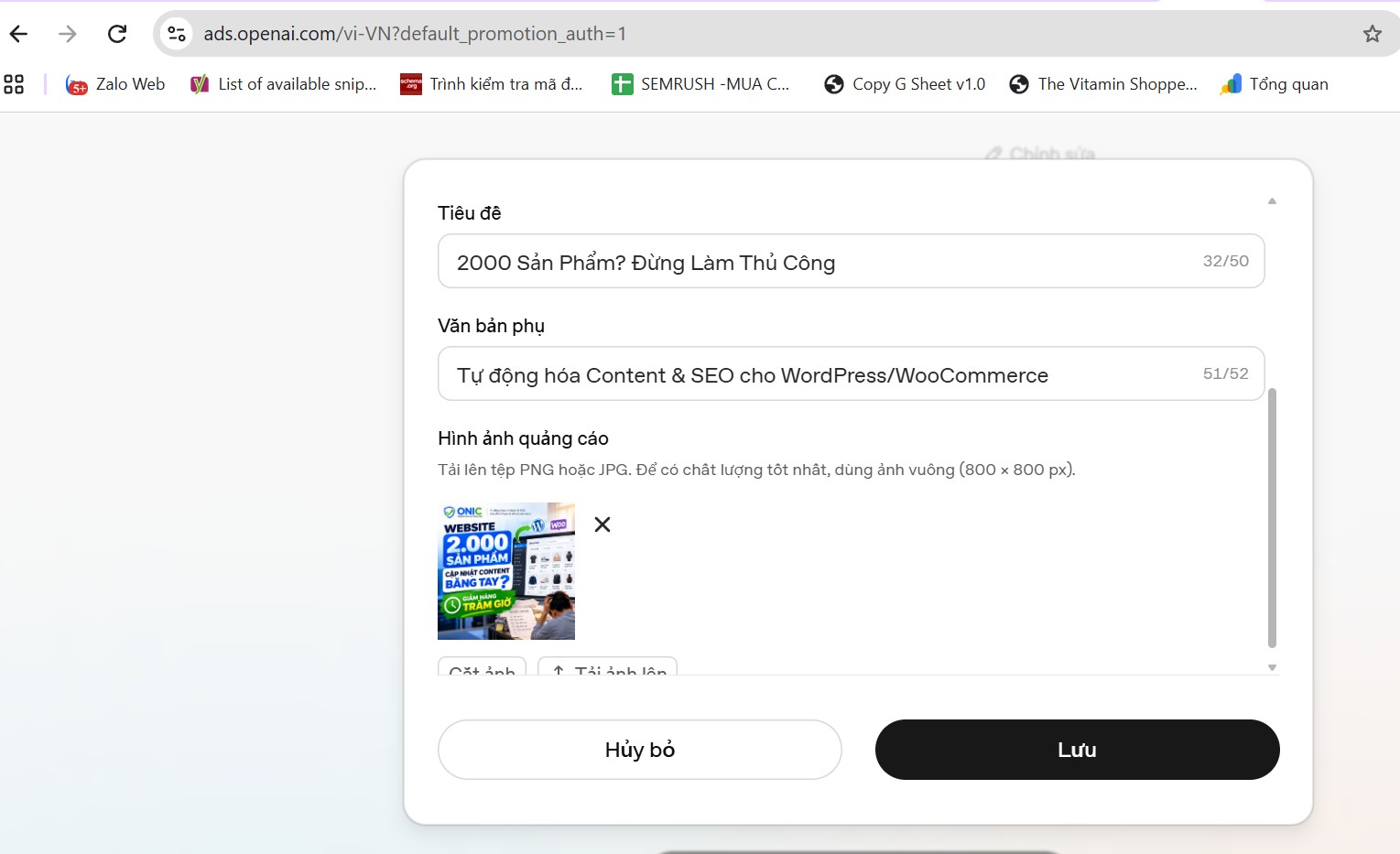 Chỉnh tiêu đề và banner quảng cáo Chỉnh lại tiêu đề chính, tiêu đề phụ và banner quảng cáo ChatGPT cho đúng mục tiêu