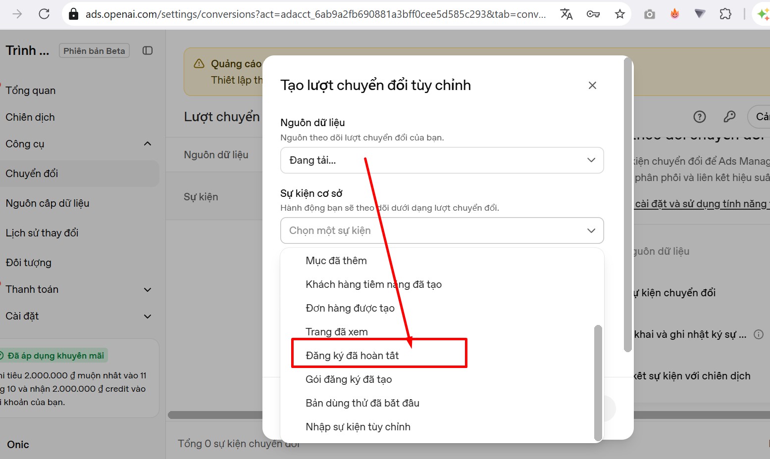 Chọn mục tiêu chuyển đổi Chọn mục tiêu chuyển đổi Pixel ChatGPT để đo lường hiệu quả quảng cáo