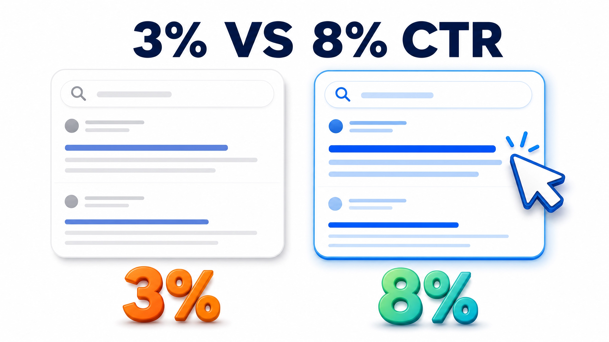 Ví dụ trực quan so sánh hai kết quả có cùng 1.000 impressions nhưng tỷ lệ CTR khác nhau: 3% và 8%. So sánh 3% và 8% CTR trong hai kết quả tìm kiếm
