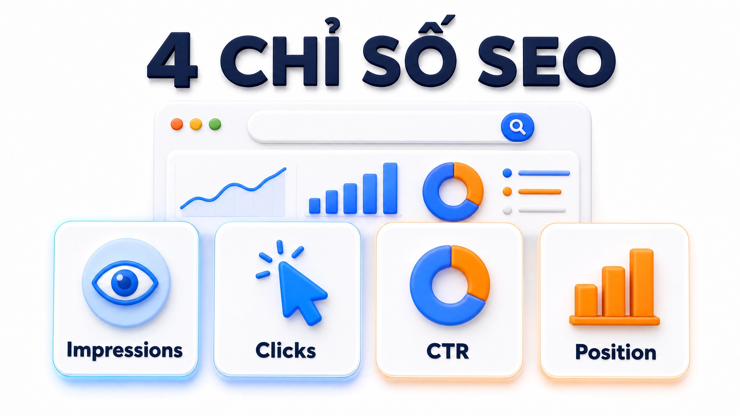Minh họa bốn chỉ số thường được đọc cùng nhau trong Google Search Console: impressions, clicks, CTR và average position. 4 chỉ số SEO: Impressions, Clicks, CTR và Position