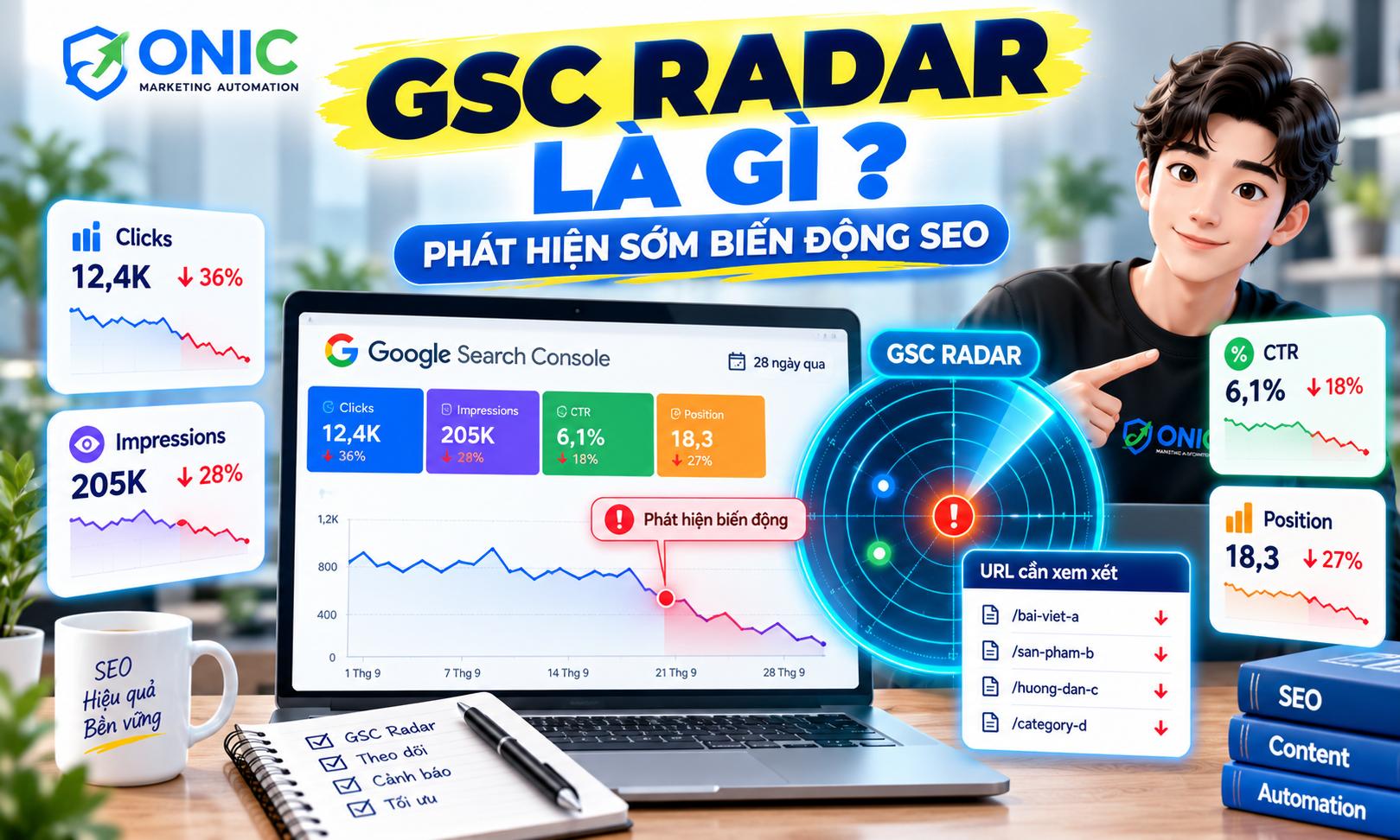 GSC Radar là gì - Phát hiện sớm biến động SEO từ Google Search Console GSC Radar là gì - tính năng phát hiện biến động traffic và thứ hạng SEO tự động