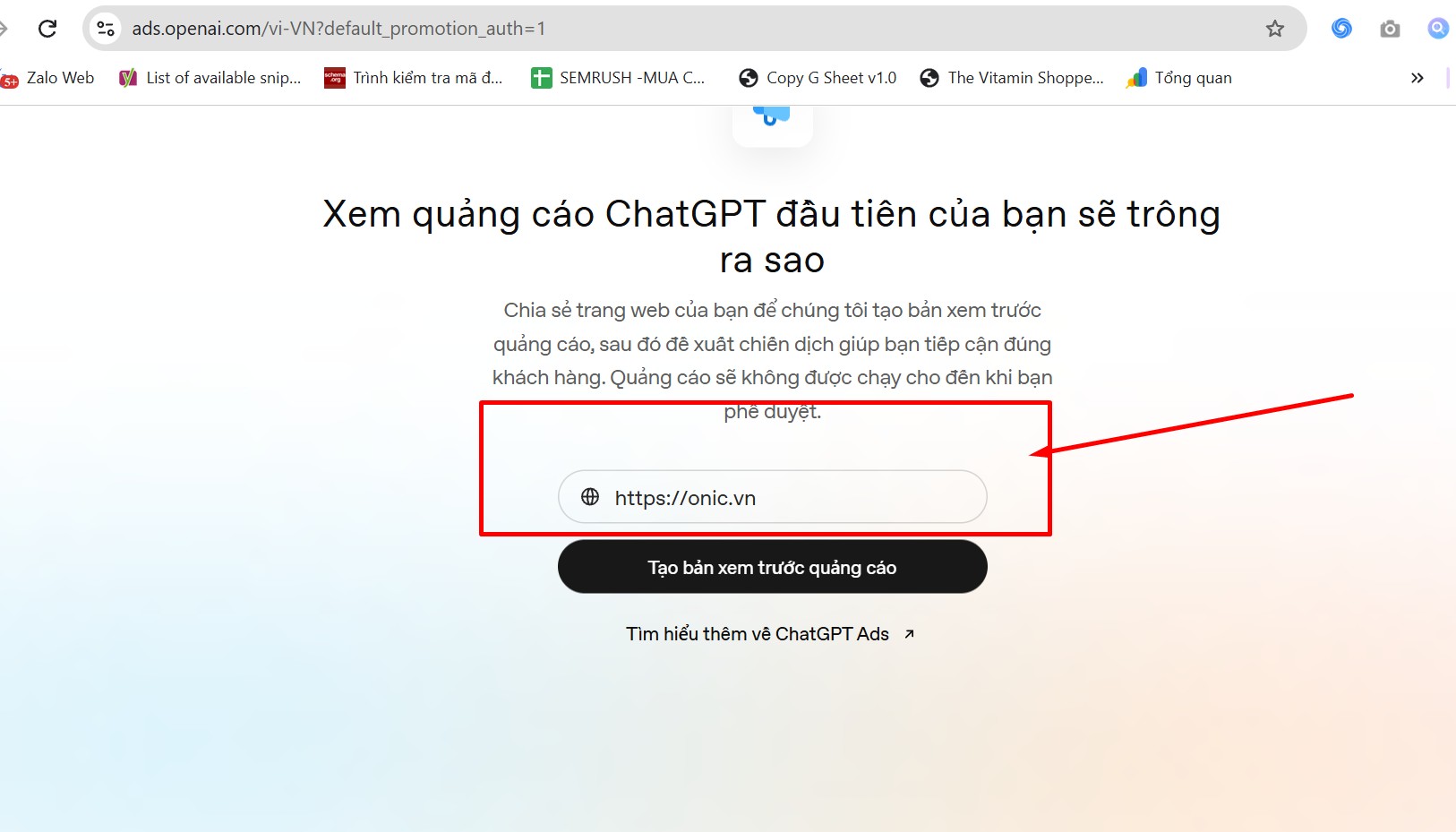 Nhập trang đích để AI đề xuất quảng cáo Nhập trang đích để AI của ChatGPT Ads phân tích và đề xuất tiêu đề, nội dung quảng cáo