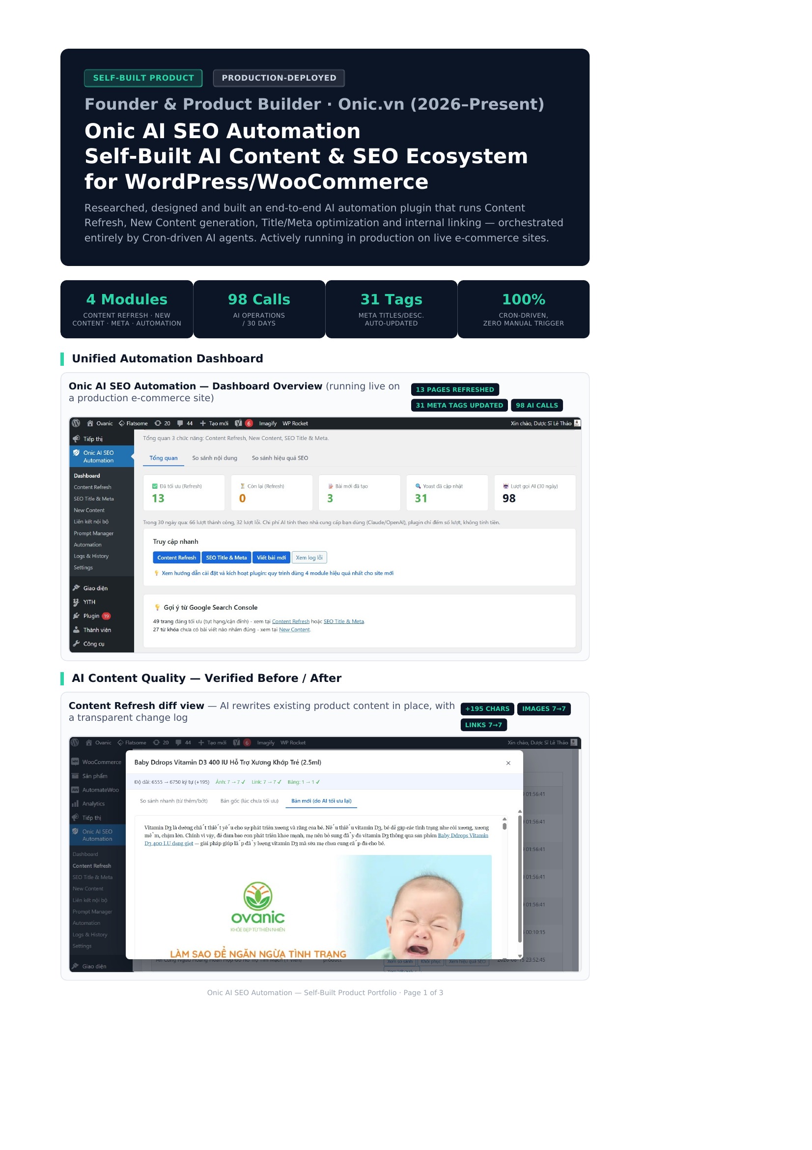 Dashboard tổng quan Onic AI SEO Automation Giao diện dashboard tổng quan của plugin Onic AI SEO Automation đang chạy trên website thật