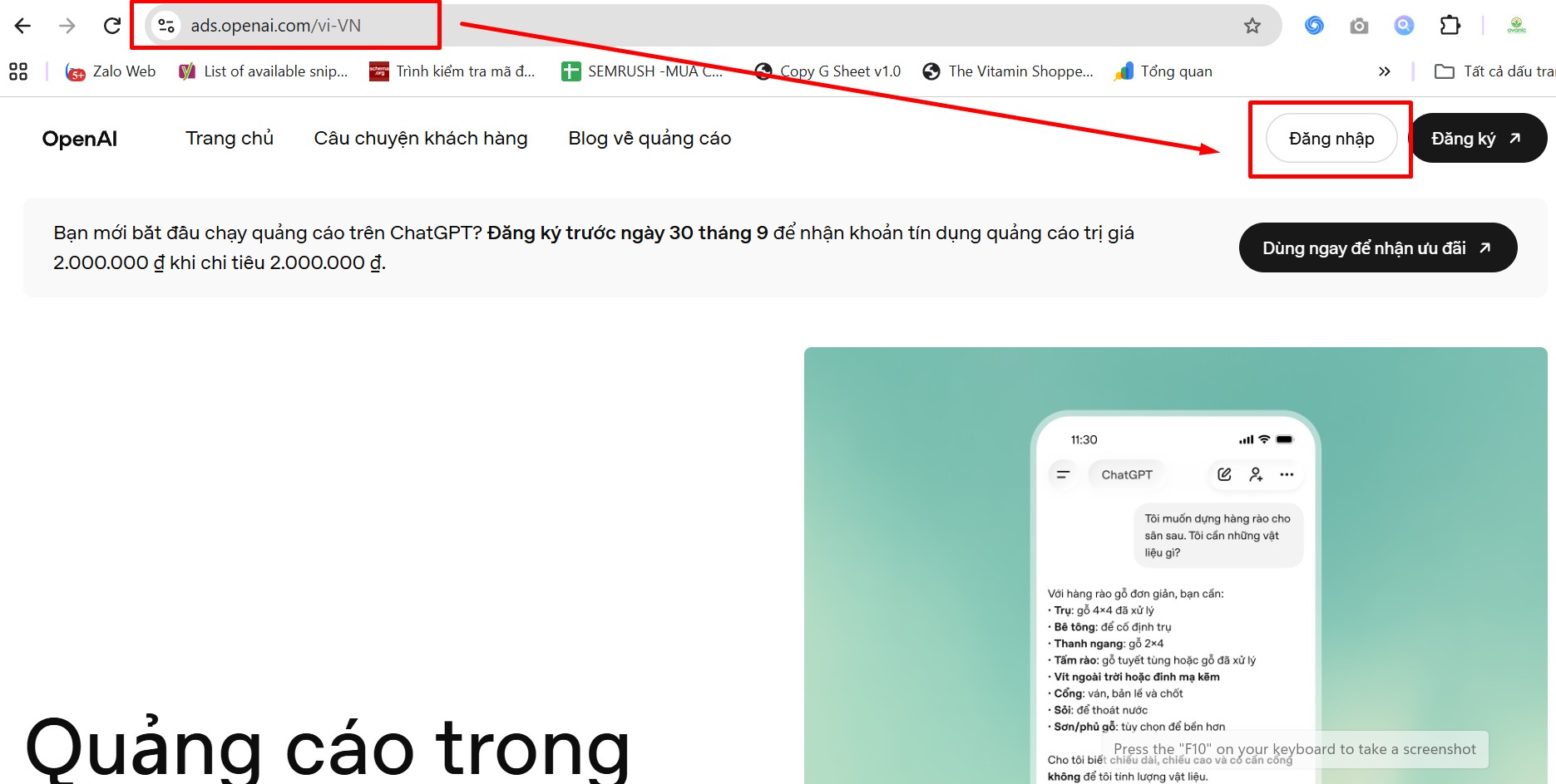 Truy cập ads.openai.com Truy cập ads.openai.com và đăng nhập tài khoản quảng cáo ChatGPT