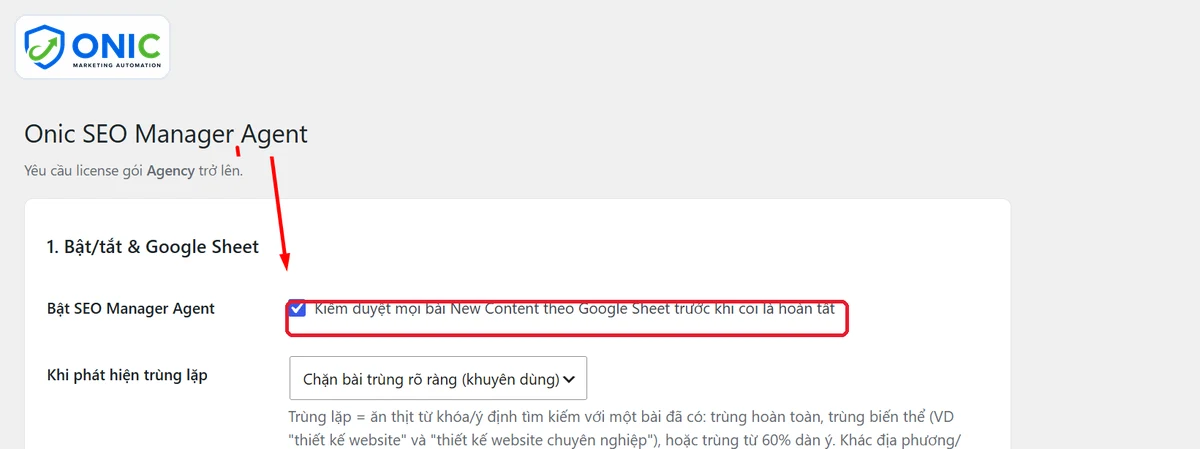 Bật SEO Manager Agent Ô Bật SEO Manager Agent kiểm duyệt mọi bài New Content