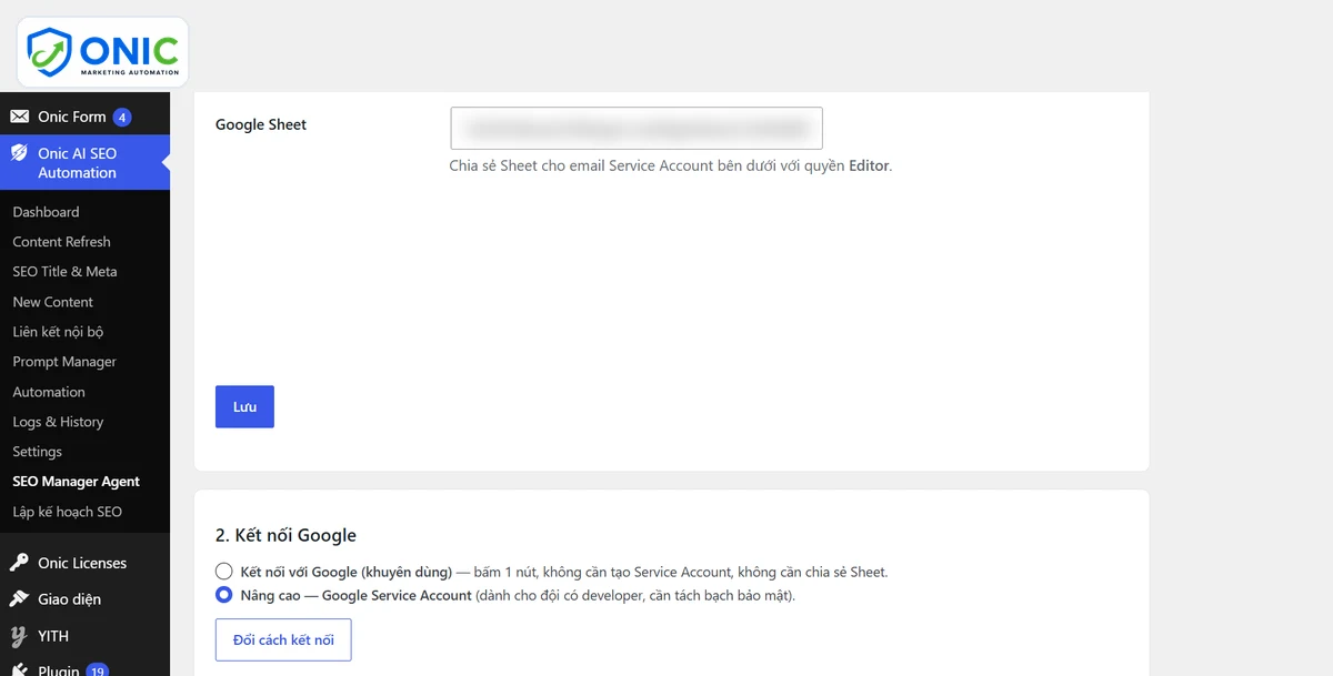Dán URL Google Sheet Ô Google Sheet trong mục Bật tắt và Google Sheet của SEO Manager Agent
