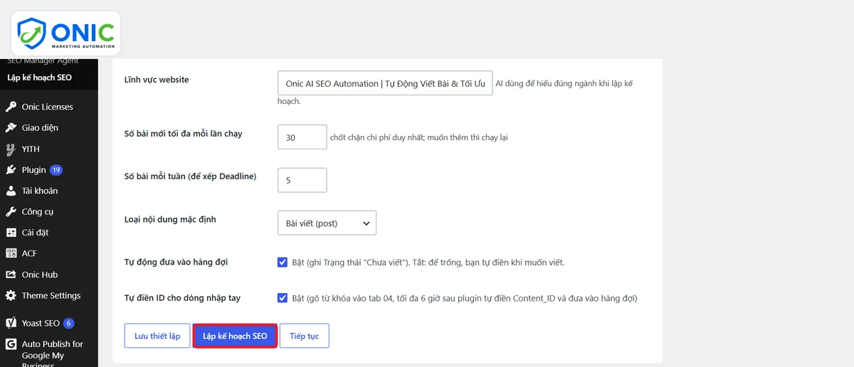 Lập kế hoạch SEO Thiết lập và nút Lập kế hoạch SEO