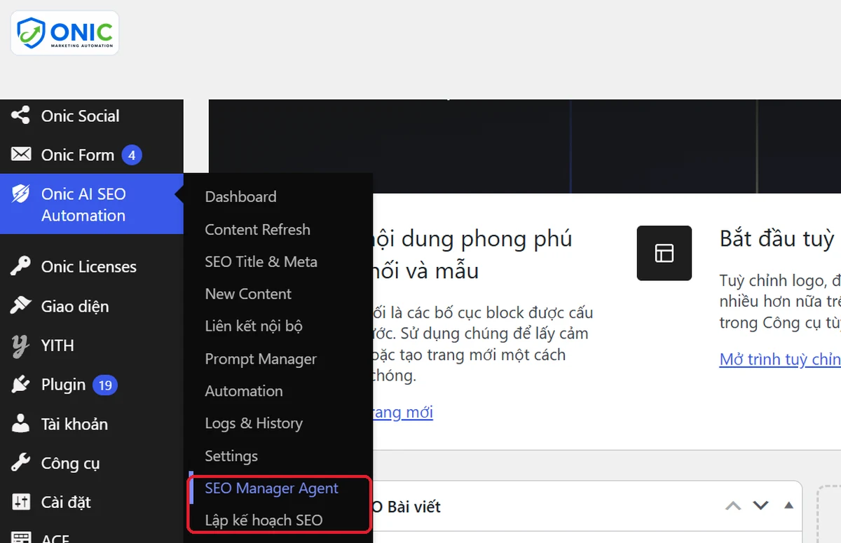 Menu SEO Manager Agent Menu SEO Manager Agent và Lập kế hoạch SEO trong Onic AI SEO Automation