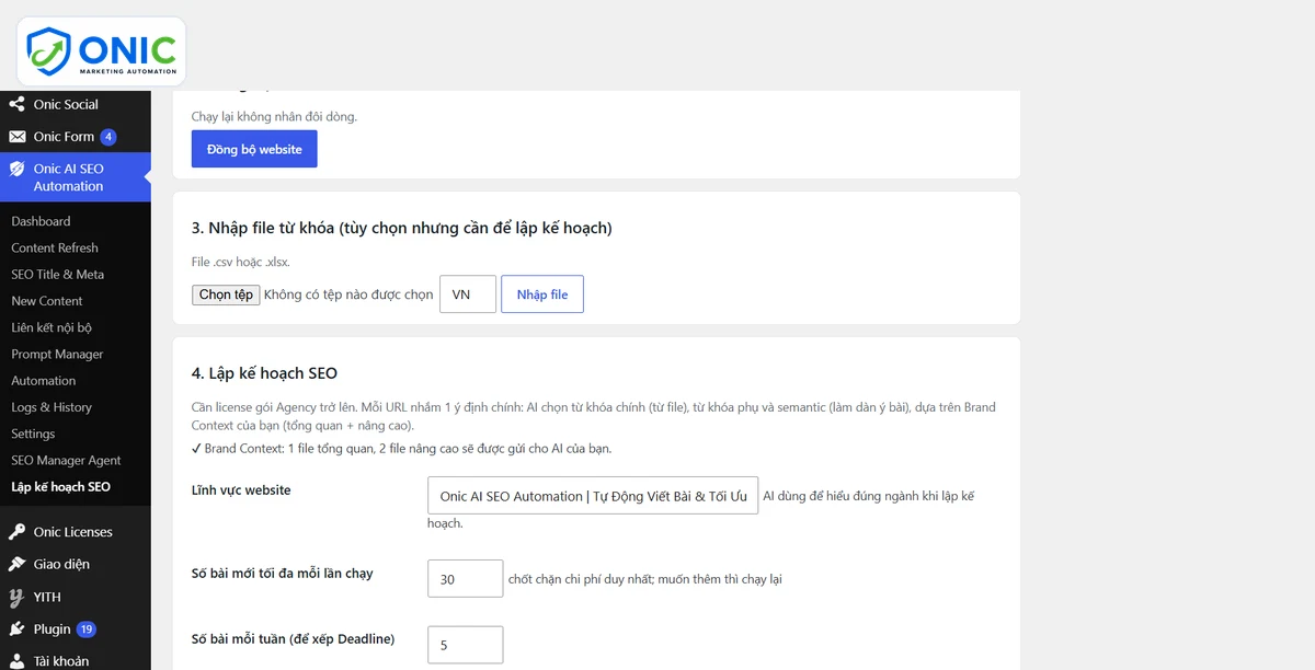 Nhập file từ khóa Nhập file từ khóa và mục Lập kế hoạch SEO