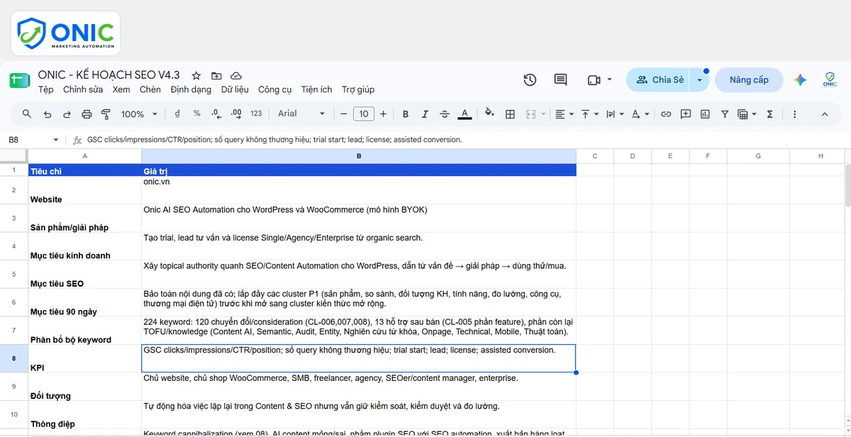 Sheet mục tiêu SEO Google Sheet kế hoạch SEO với mục tiêu, sản phẩm và KPI của website