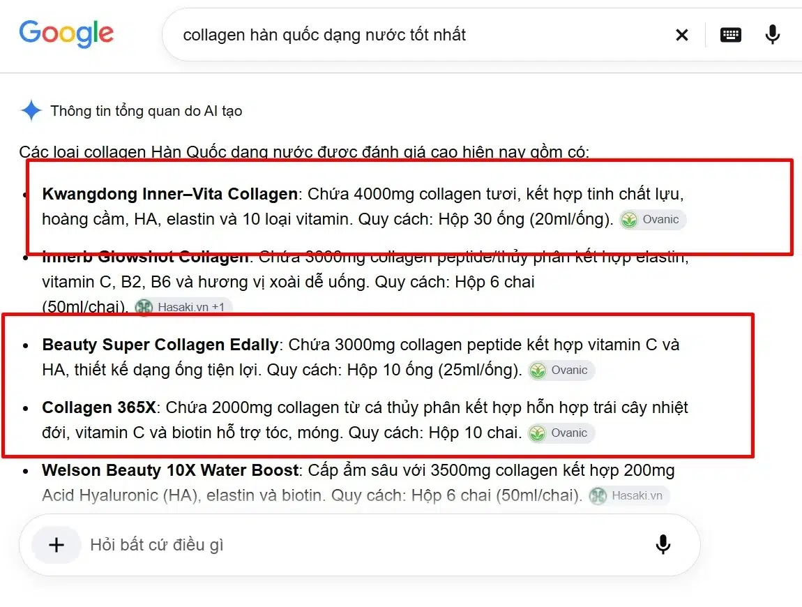 AI Overview trích dẫn Ovanic AI Overview cho collagen Hàn Quốc dạng nước tốt nhất trích dẫn Ovanic ở nhiều sản phẩm