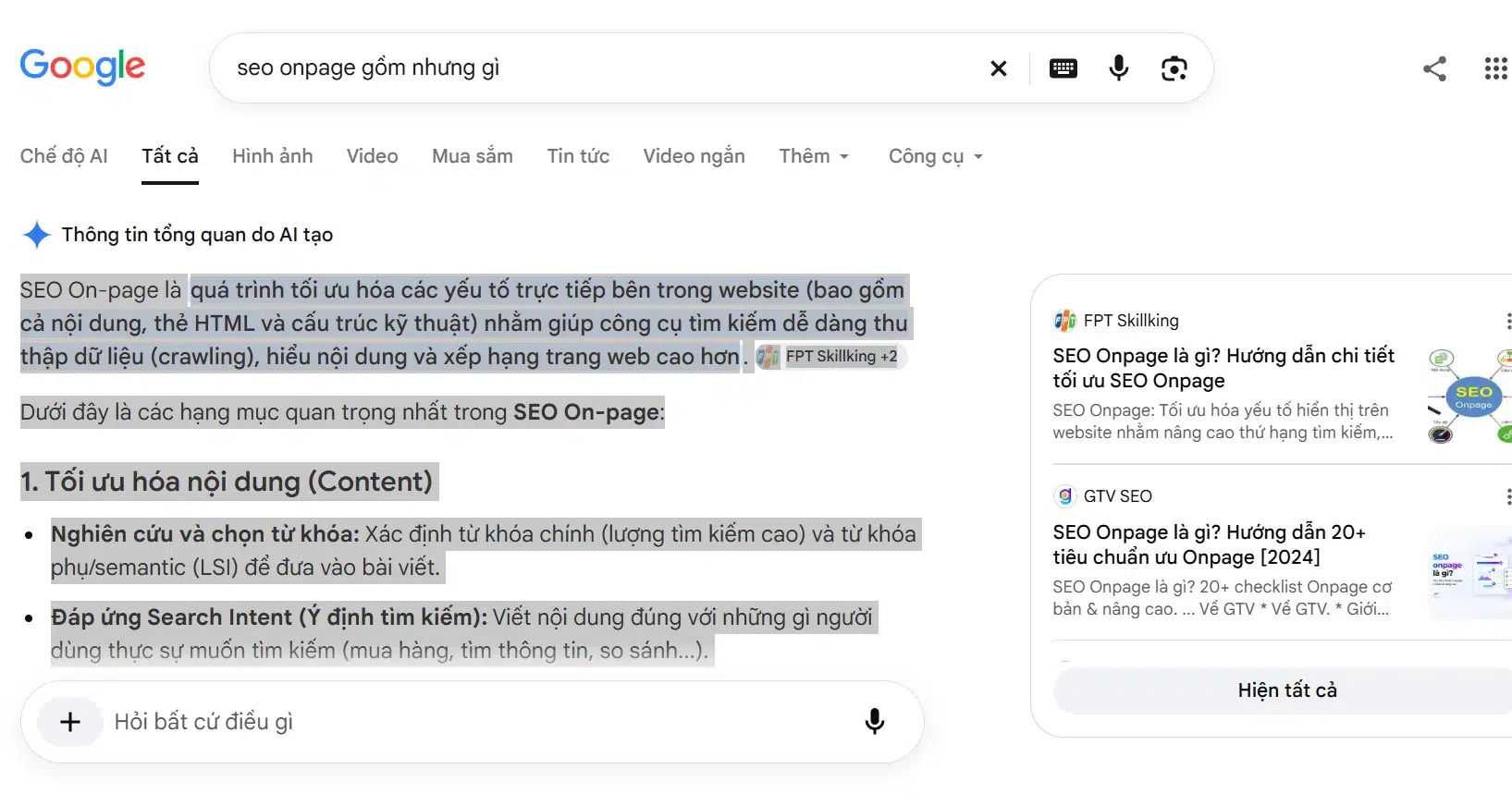 AI Overview SEO Onpage AI Overview của Google trả lời câu hỏi SEO Onpage gồm những gì kèm các nguồn trích dẫn