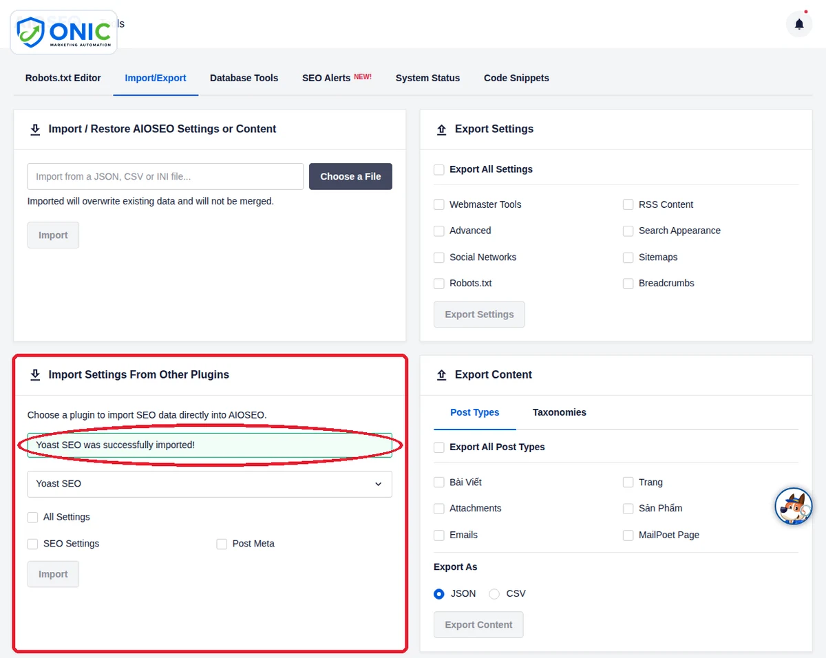 Nhập dữ liệu từ Yoast Nhập dữ liệu SEO từ Yoast SEO sang AIOSEO thành công
