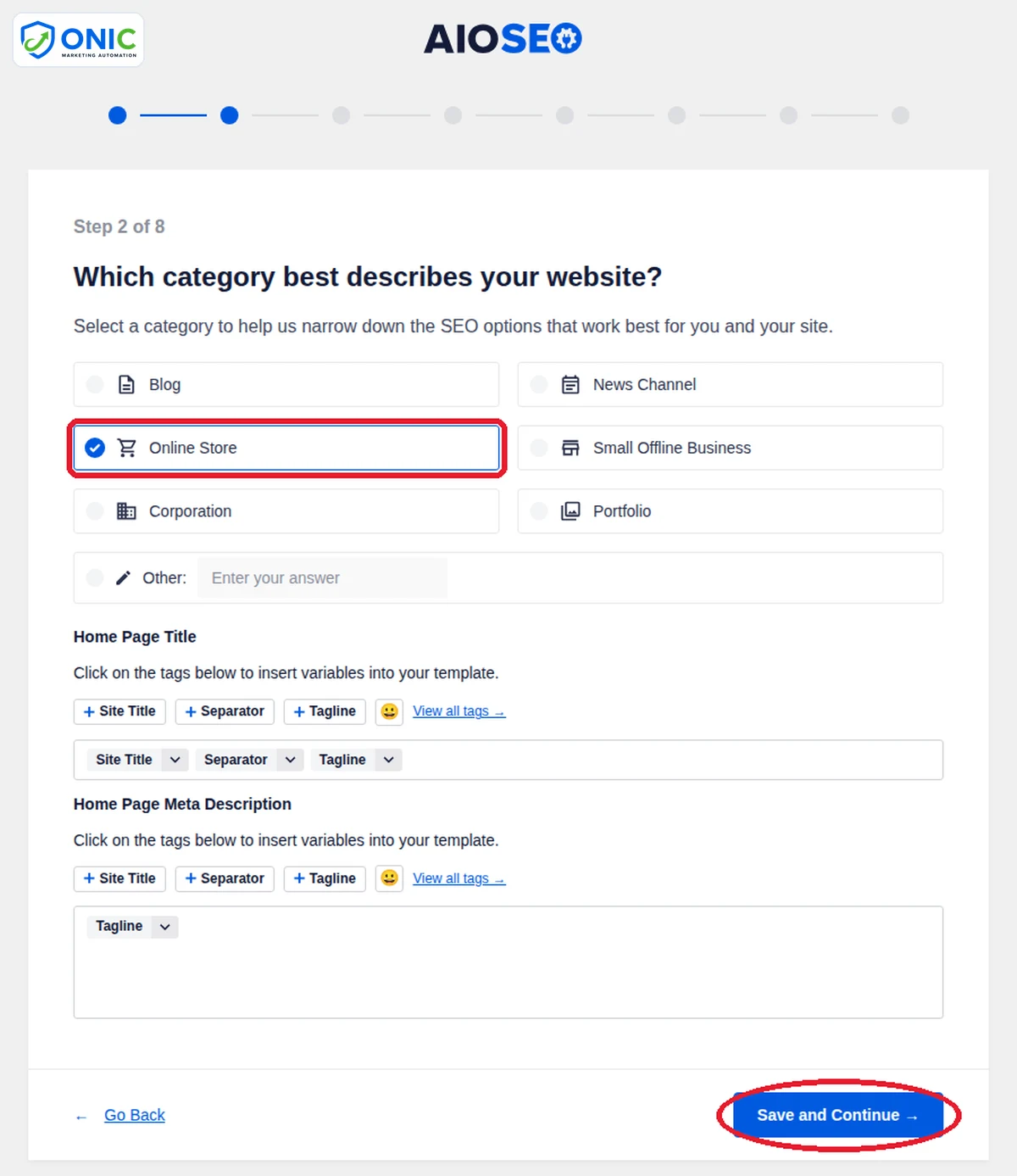 Trình thiết lập AIOSEO Trình thiết lập All in One SEO, bước chọn loại website Online Store