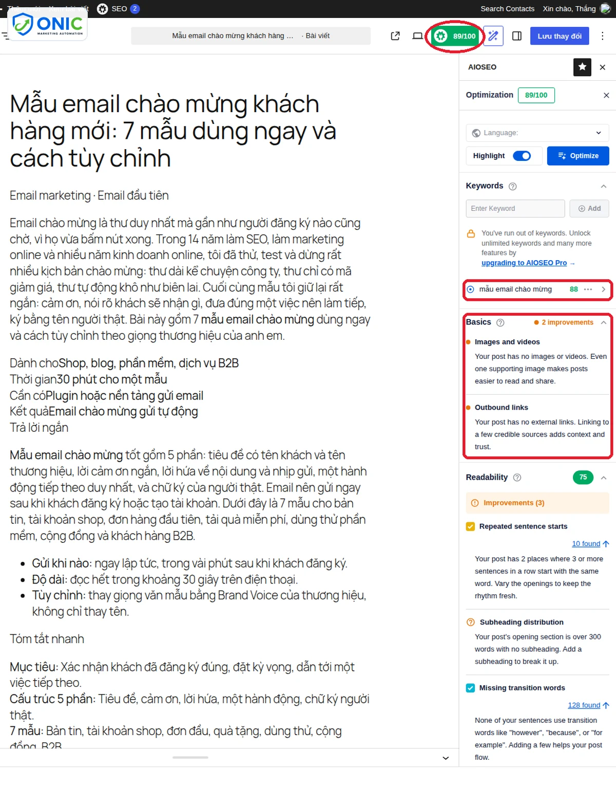 Điểm TruSEO của AIOSEO Điểm TruSEO 89/100 của AIOSEO với từ khóa chính nhập từ Yoast