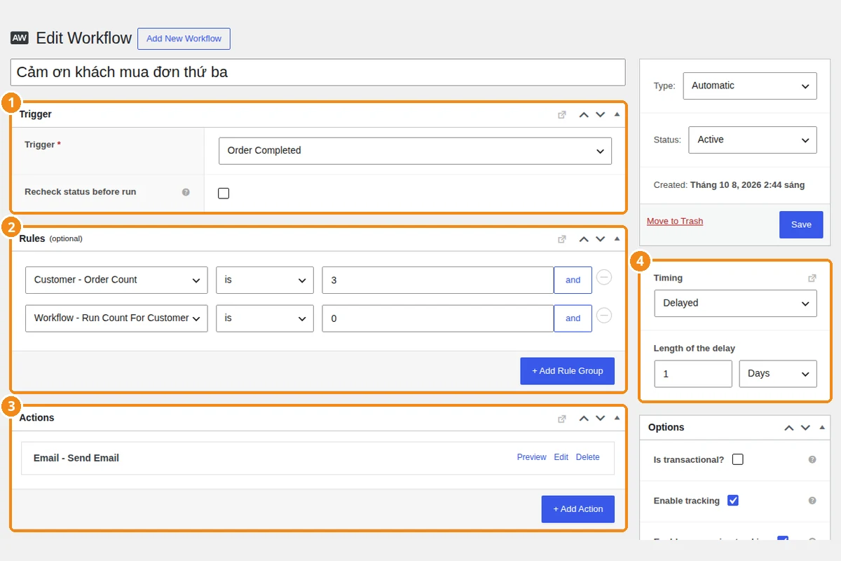 Tạo workflow AutomateWoo Màn hình tạo workflow AutomateWoo với Trigger, Rules và Actions