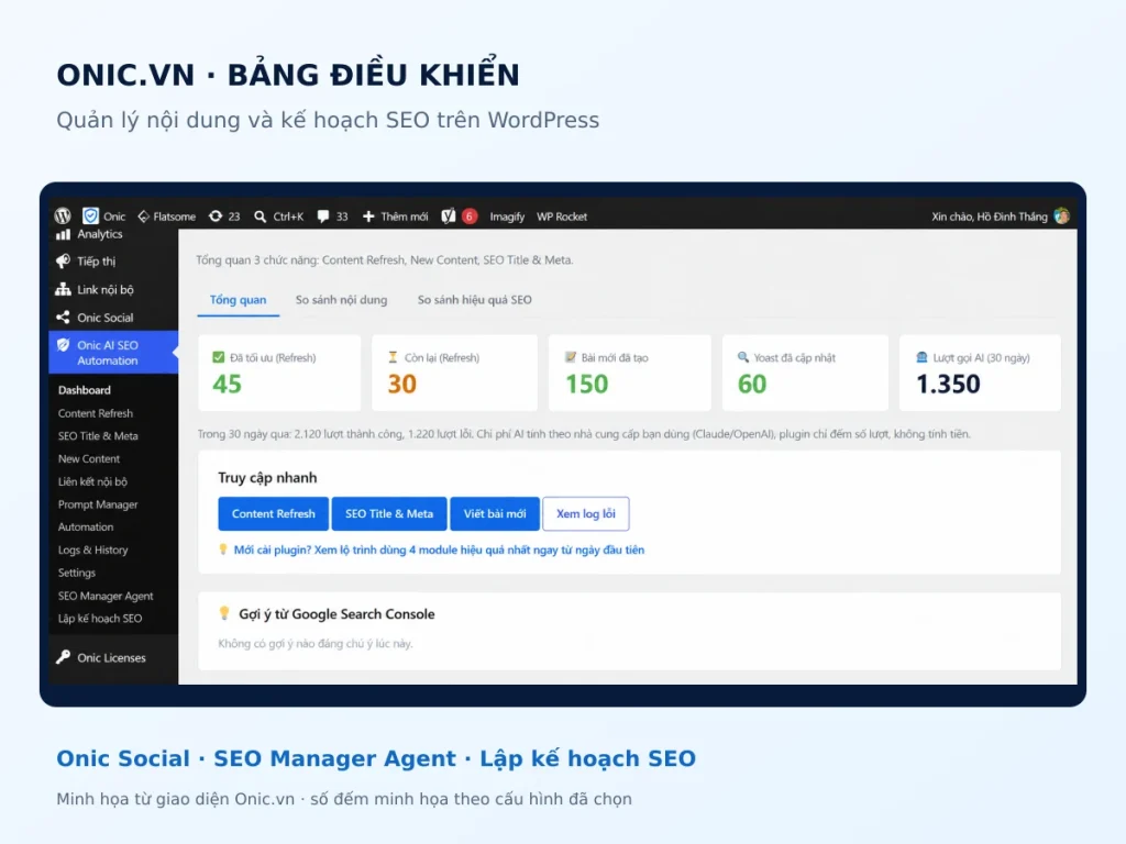 Bảng điều khiển Onic AI SEO Automation với khối gợi ý từ Google Search Console