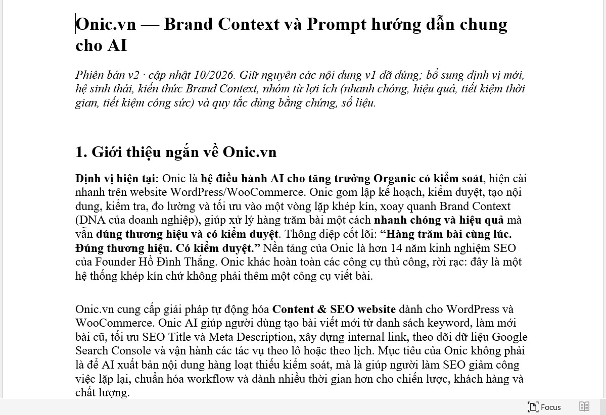Brand context của Onic gồm 27 trang đầy đủ mọi thứ về thương hiệu, doanh nghiệp, khách hàng