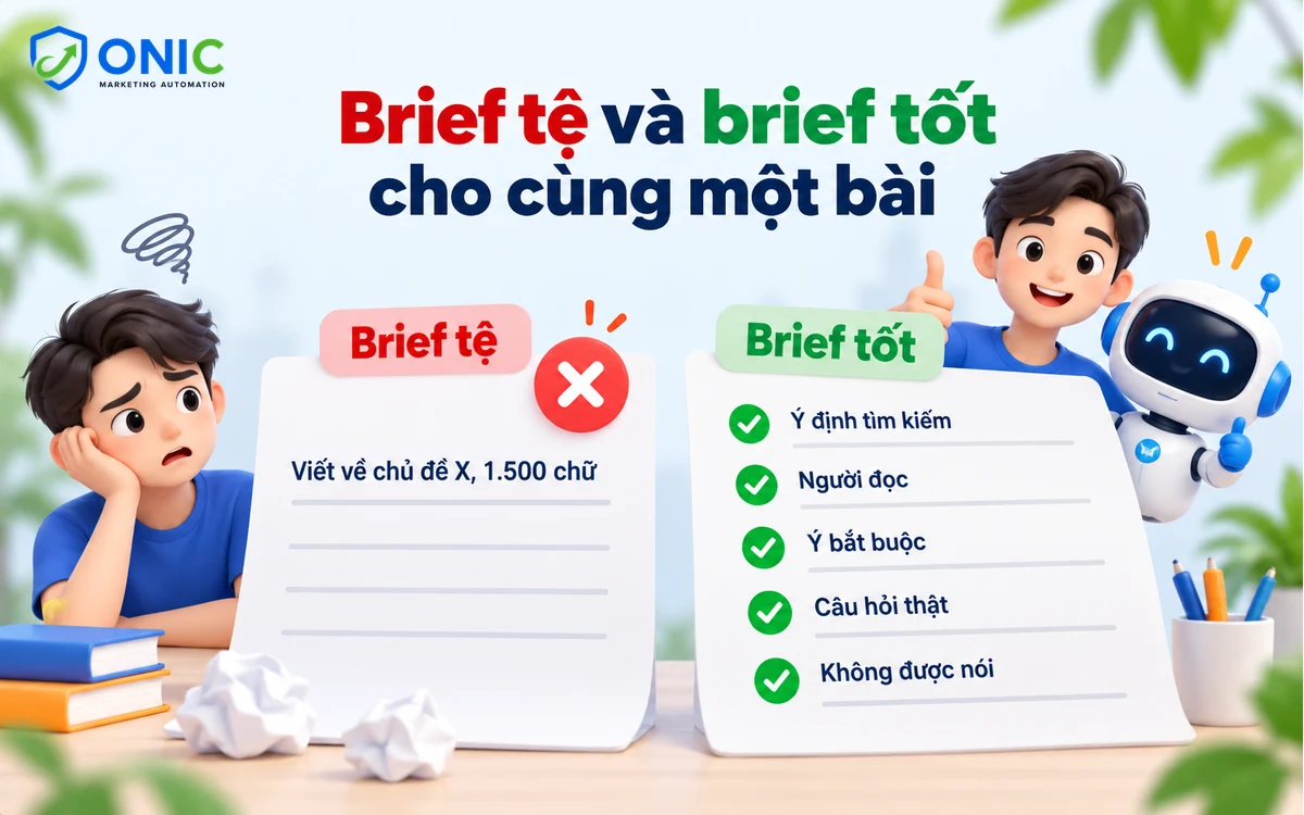 Brief tệ và brief tốt So sánh brief một dòng với brief đủ ý định tìm kiếm, người đọc và yêu cầu