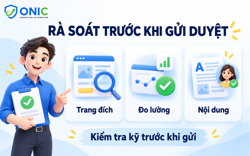 Checklist trước khi gửi duyệt Rà soát trang đích, đo lường và nội dung trước khi gửi duyệt quảng cáo