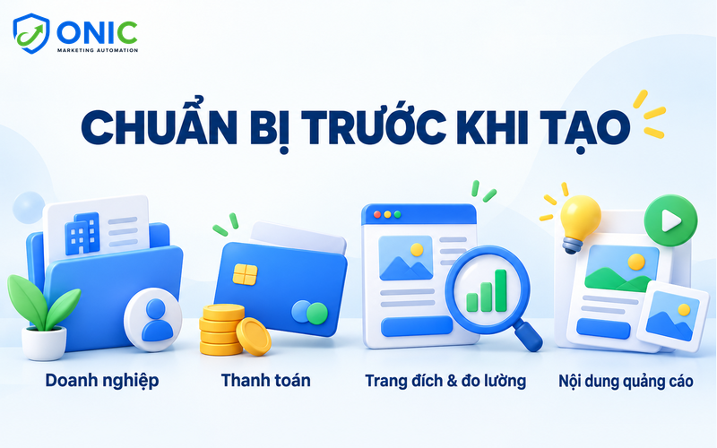 Chuẩn bị tạo chiến dịch ChatGPT Ads Chuẩn bị thông tin doanh nghiệp, thanh toán, trang đích và nội dung quảng cáo
